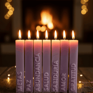 Esta es una imagen set de velas de los deseos encendidas, de color moradas