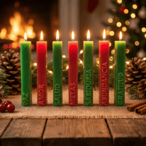 Esta es una imagen de un set de velas de los deseos encendidas, de color rojas y verdes