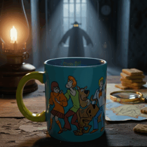 Esta es una imagen te una taza de Scooby Doo, en un escenario de misterio