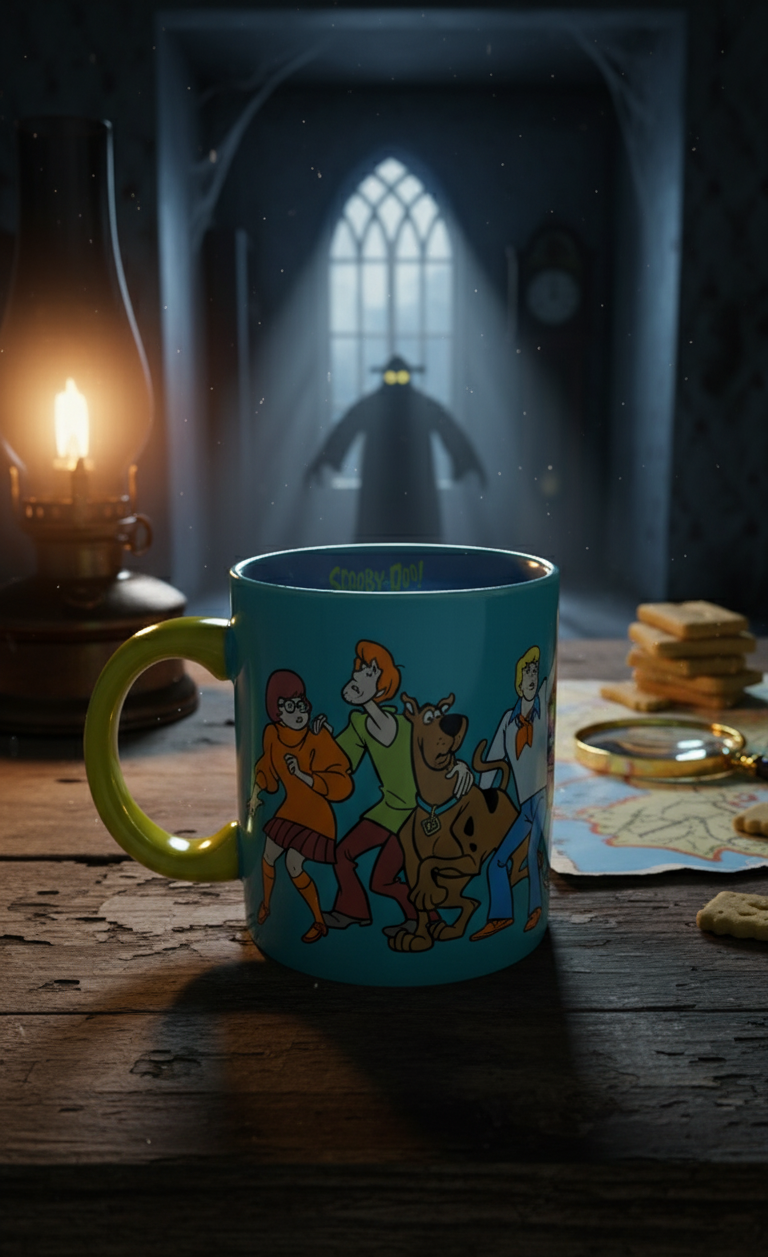 Esta es una imagen te una taza de Scooby Doo, en un escenario de misterio