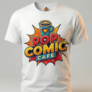 Esta es una imagen de la camiseta personalizada con logo estampado Pop Comic Cafe Frontal