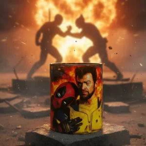 Esta es una imagen de una taza de la película Deadpool y Wolverine
