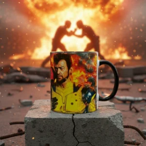Esta es una imagen de una taza de la película Deadpool y Wolverine
